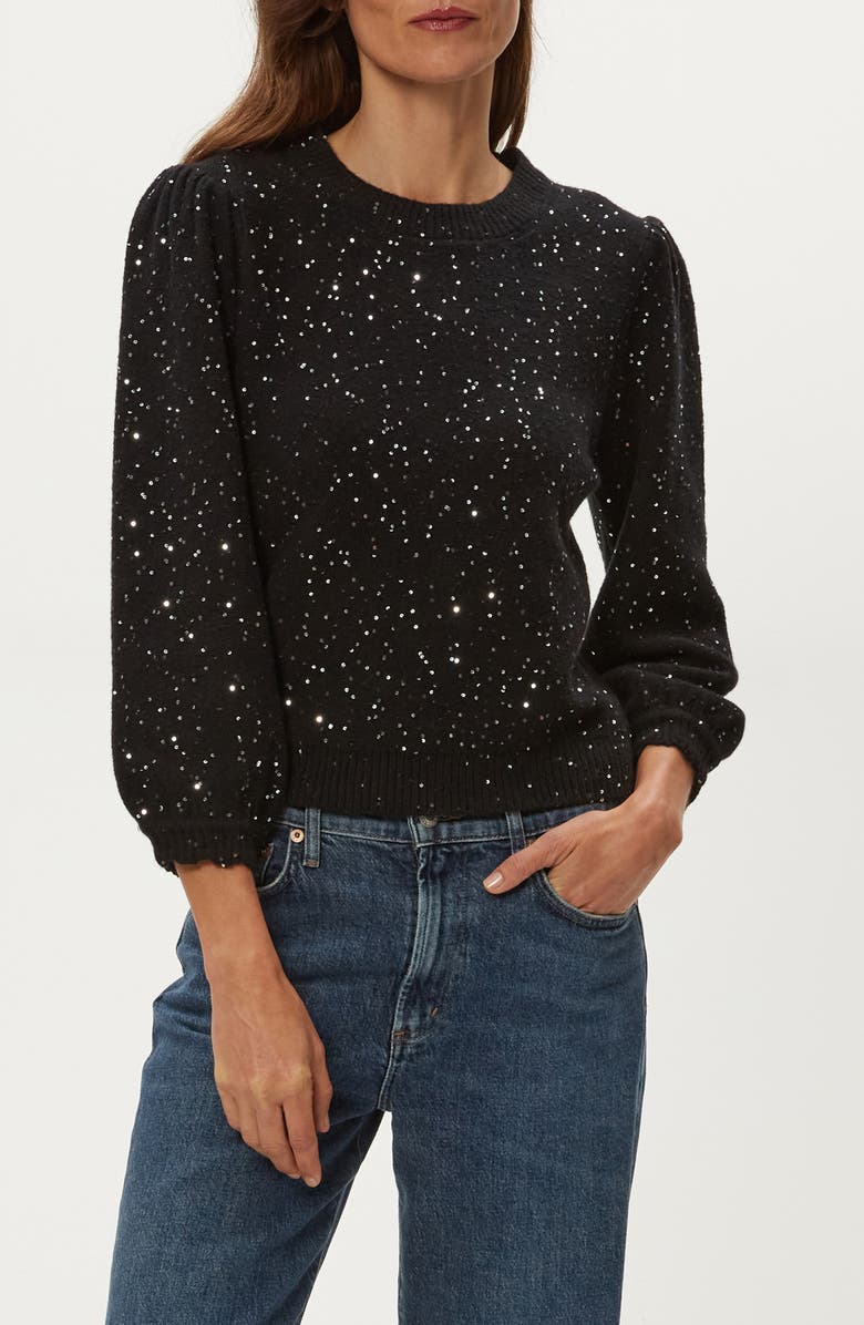 Michael Stars Deanna Sequin Embellished Balloon Sleeve Crewneck Sweater, Alternate, color, Black