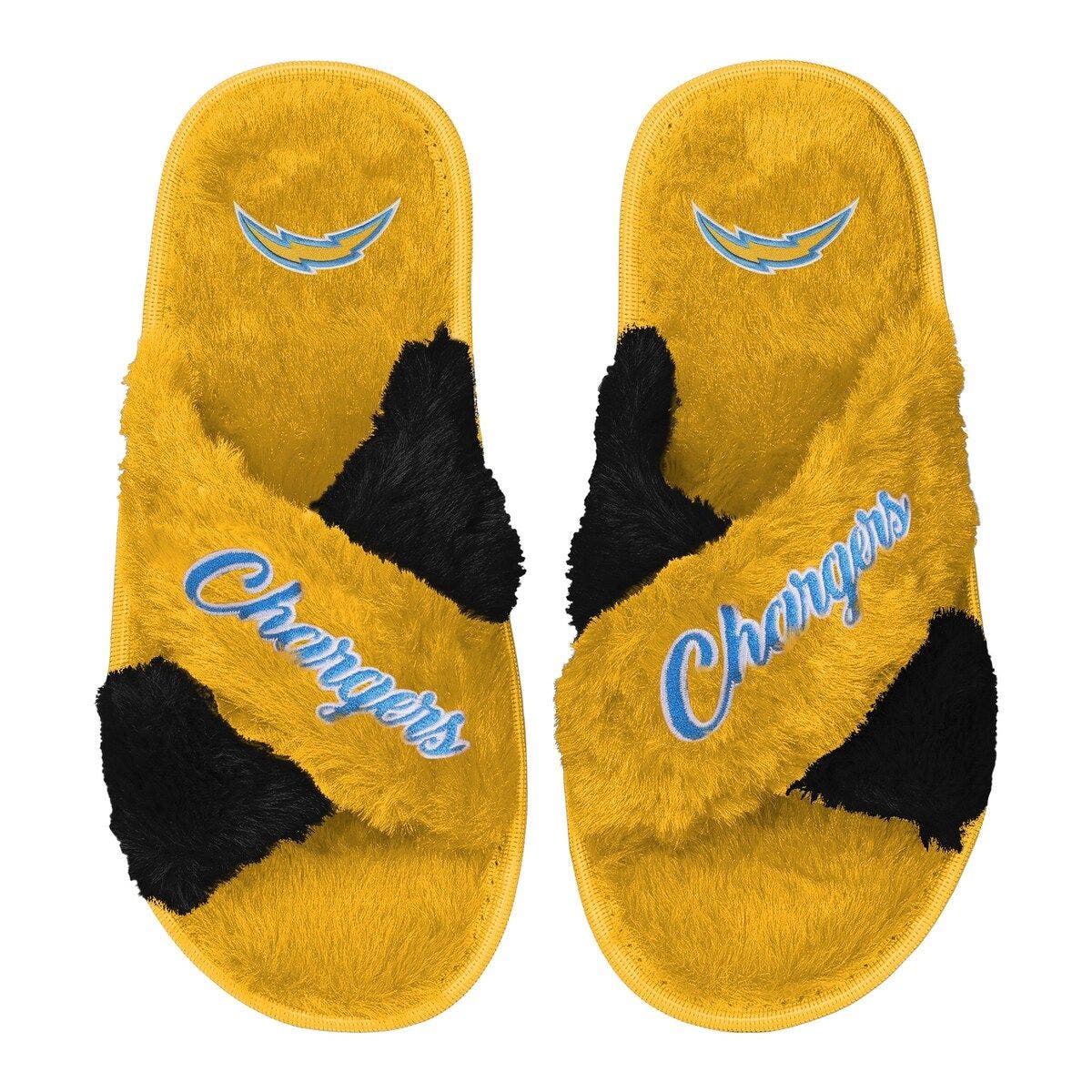 FOCO Women's FOCO Gold Los Angeles Chargers Two-Tone Crossover Faux Fur Slide Slippers, Main, color, 