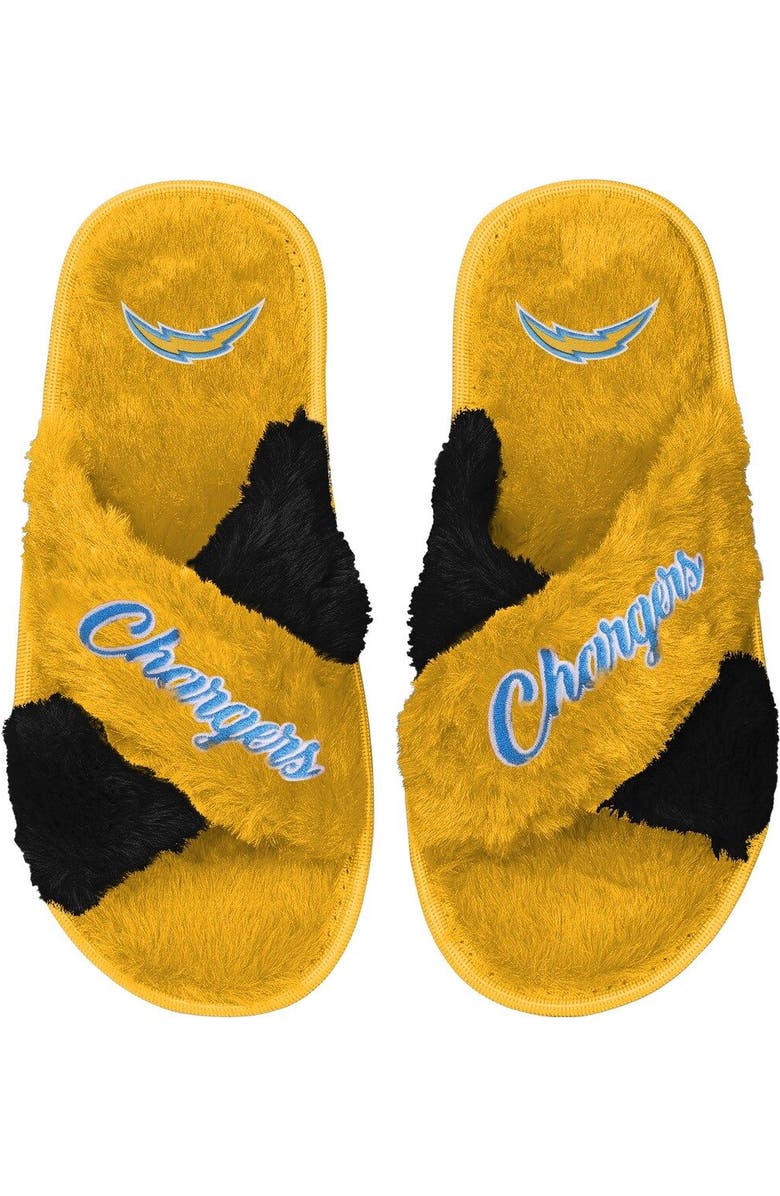 FOCO Women's FOCO Gold Los Angeles Chargers Two-Tone Crossover Faux Fur Slide Slippers, Main, color,