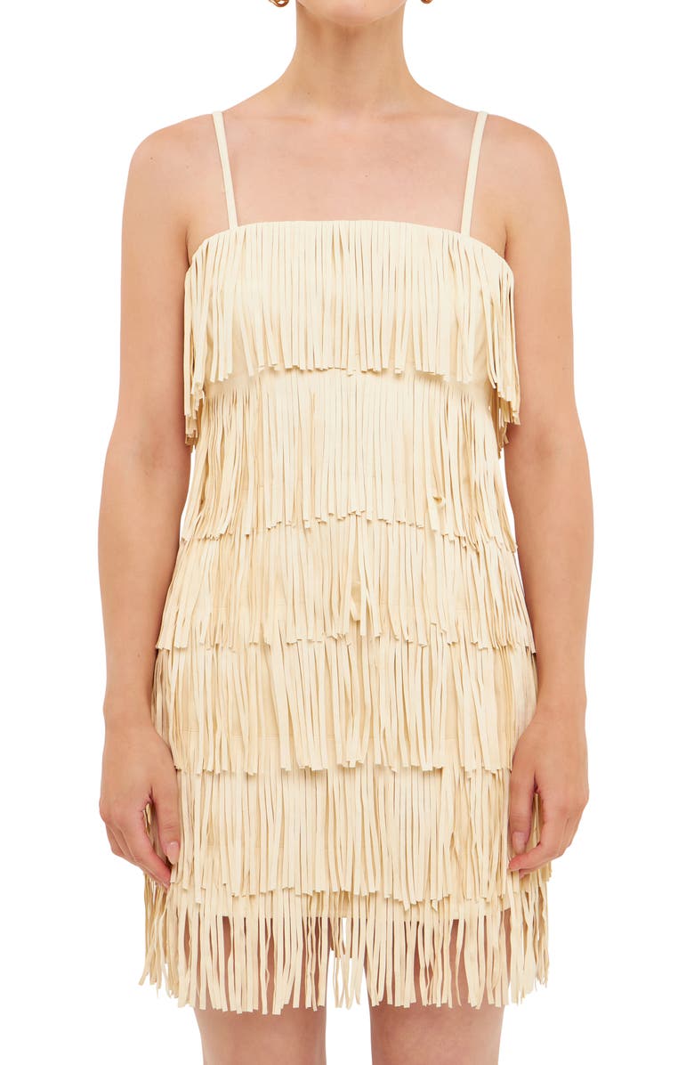 Endless Rose Fringe Faux Suede Minidress, Alternate, color, Ivory