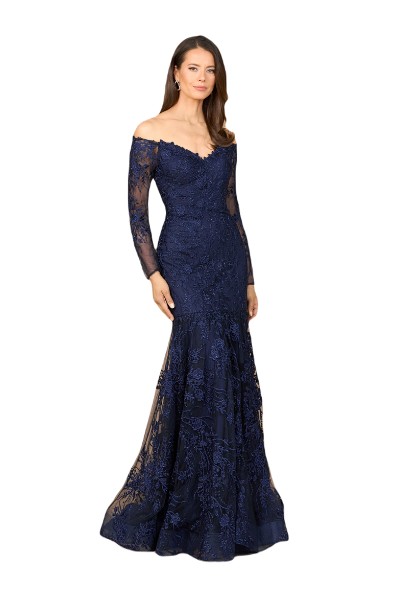 Off Shoulder Long Sleeve Mermaid Gown, Main, color, Navy