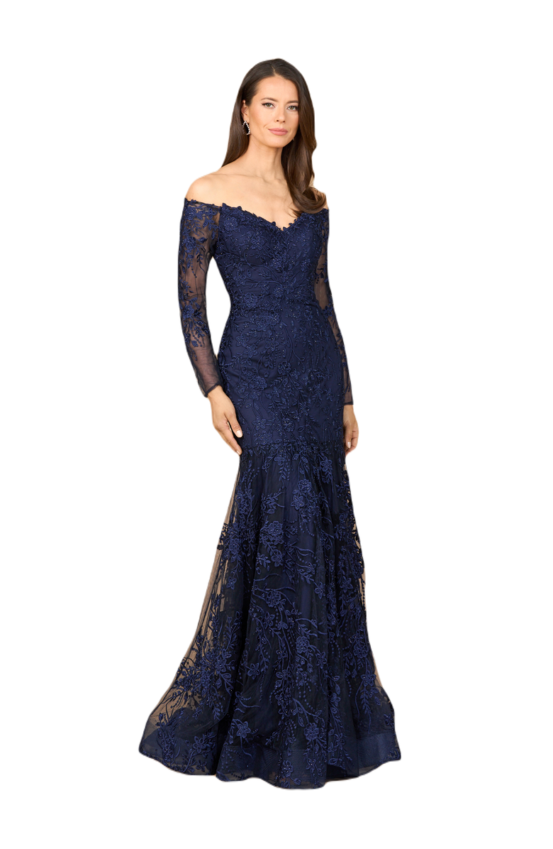 LARA New York Off Shoulder Long Sleeve Mermaid Gown, Main, color, Navy