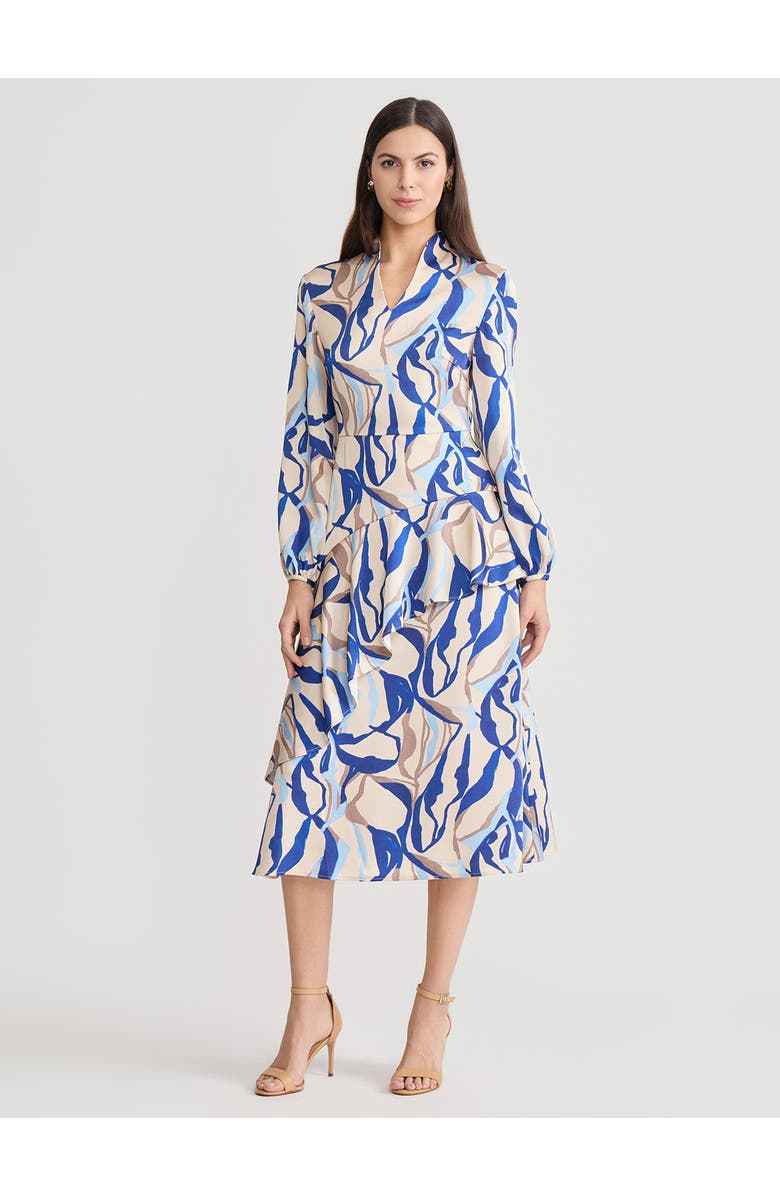 Misook Fit & Flare Printed Crepe de Chine Ruffle Maxi Dress, Main, color, Biscotti/Aegean Blue