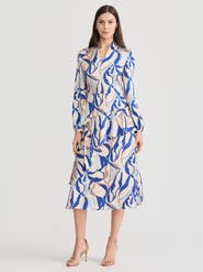 Misook Fit & Flare Printed Crepe de Chine Ruffle Maxi Dress