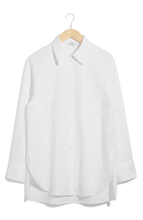 Pintuck Cotton Poplin Button-Up Shirt