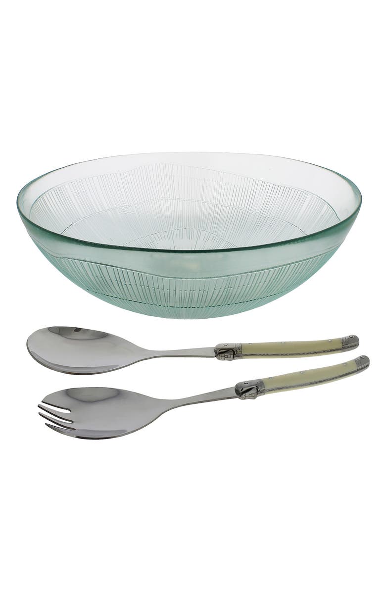 FRENCH HOME Recycled Glass Birch Salad Bowl & Laguiole Servers w/ Faux Ivory Handles., Main, color, 