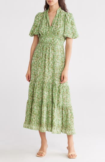Max Studio Floral Tiered Maxi Dress In Green Tossed Meadow