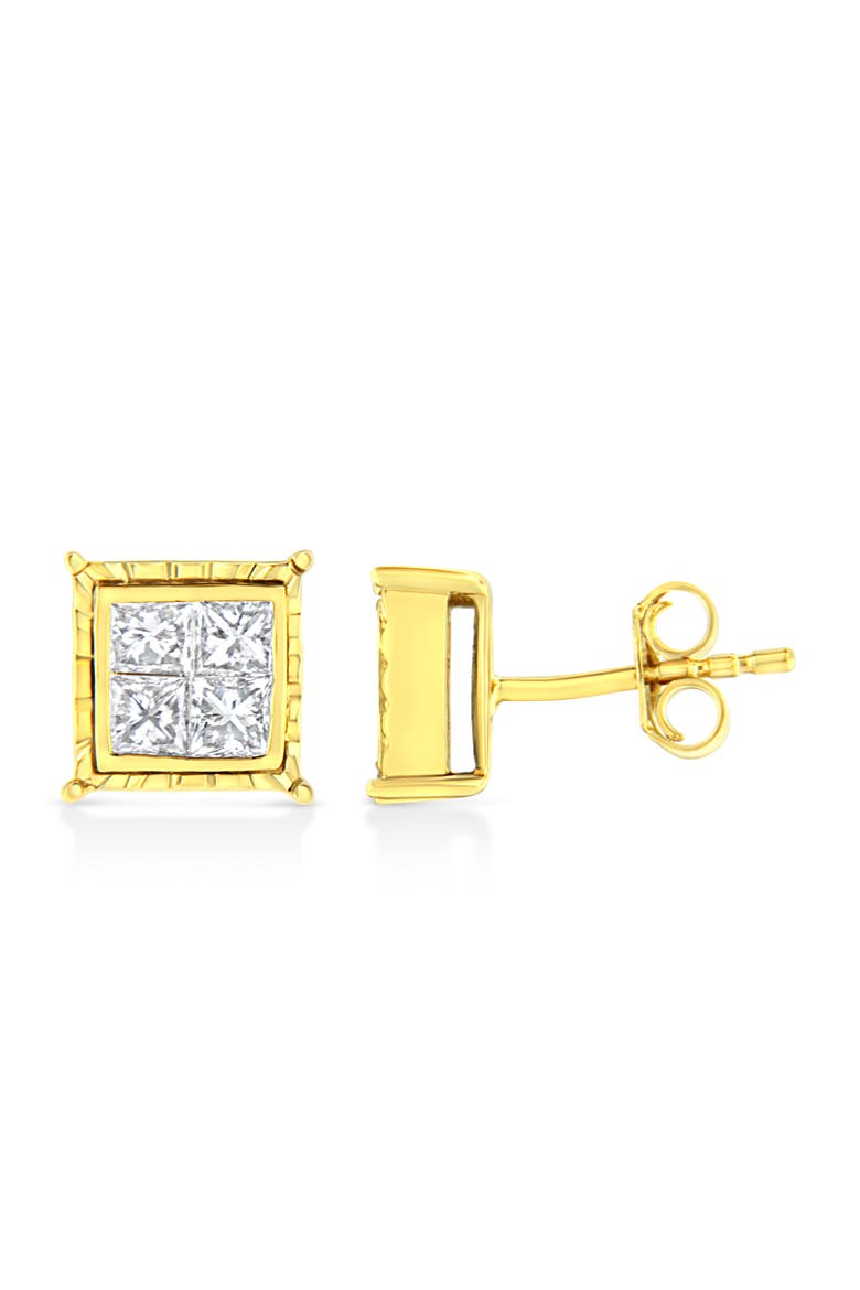 14K Yellow Gold 1.0 Ct Invisible Princess Composite 8 Stone Stud Earrings, Alternate, color, Yellow