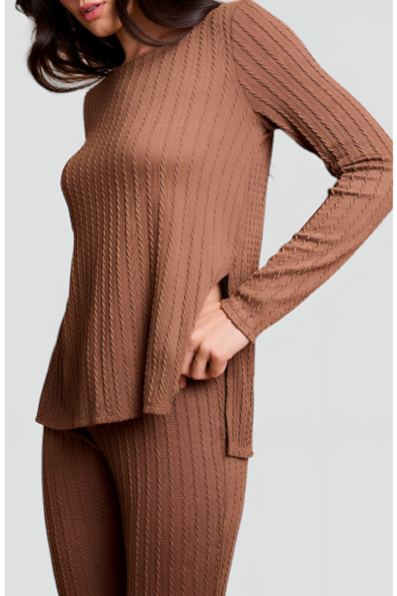 Ribbed Knit Long Sleeve Top and Flared Pants Lounge Set with Side Slit Detail, Alternate, color, Brown