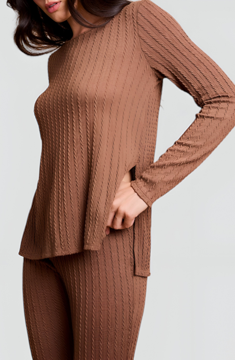Modenaire Ribbed Knit Long Sleeve Top and Flared Pants Lounge Set with Side Slit Detail, Alternate, color, Brown