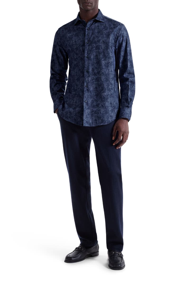 Bugatchi Axel Trim Fit Abstract Floral Cotton Button-Up Shirt, Alternate, color, Night Blue