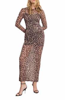 Good American Ruched Long Sleeve Mesh Maxi Dress