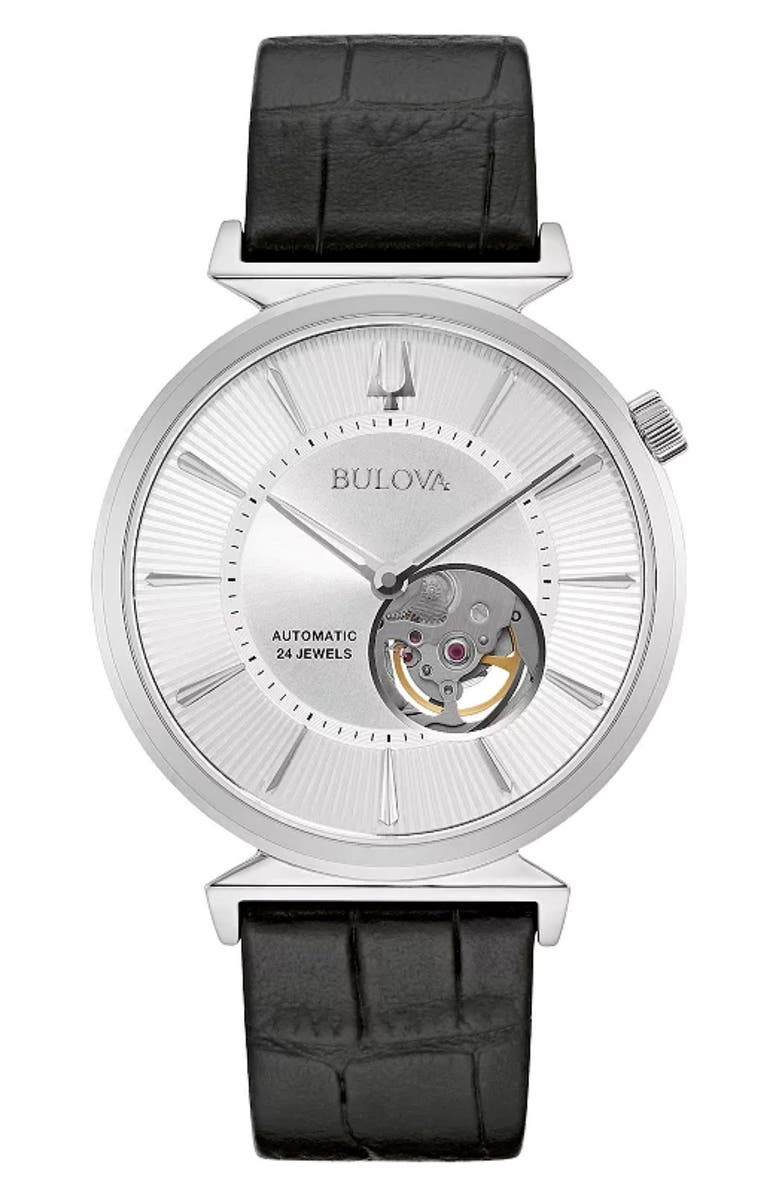 BULOVA Regatta Croc Embossed Leather Strap Watch, 40mm, Main, color,