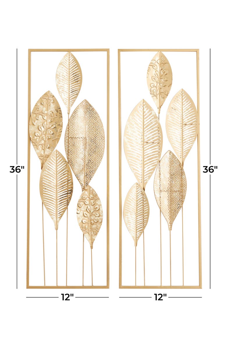 WILLOW ROW Goldtone Metal Tall Cutout Leaf Wall Decor with Frame - Set of 2, Alternate, color, Gold