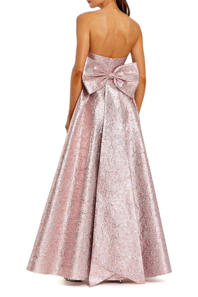Metallic Strapless Brocade Gown With Oversized Bow, Alternate, color, Raspberry