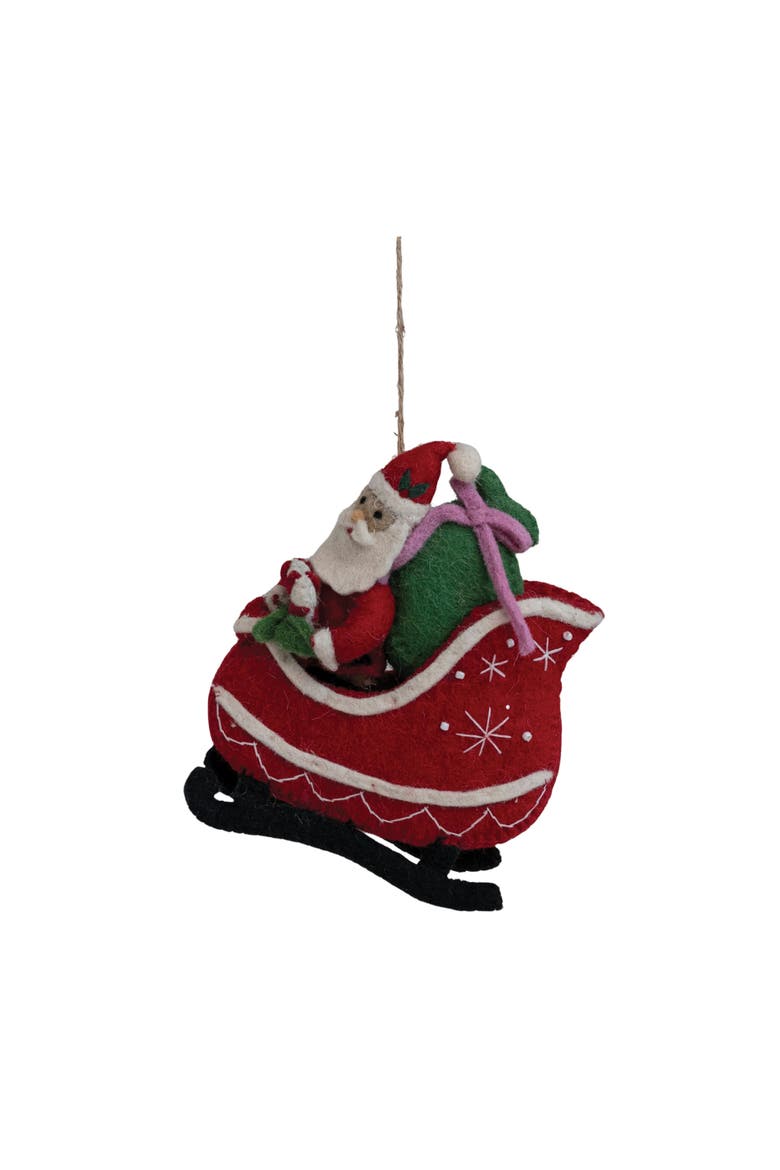 Embroidered Wool Felt Santa Sleigh Ornament with Metallic String, Alternate, color, Multicolor