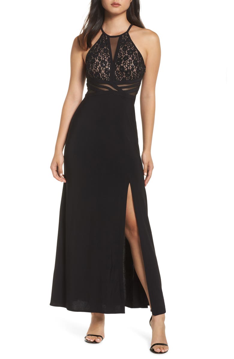 Morgan & Co. Lace & Mesh Inset Column Gown, Main, color, 