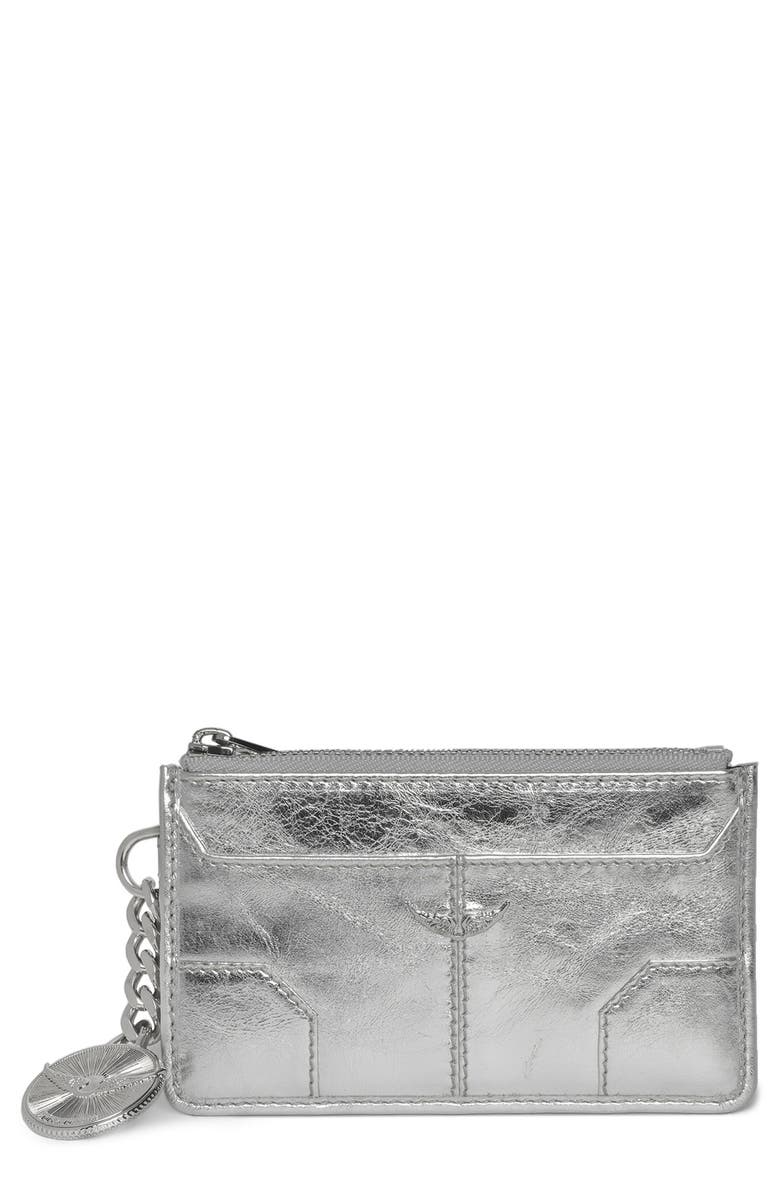 Zadig & Voltaire Sunny Metallic Leather Zip Card Case, Main, color, Silver
