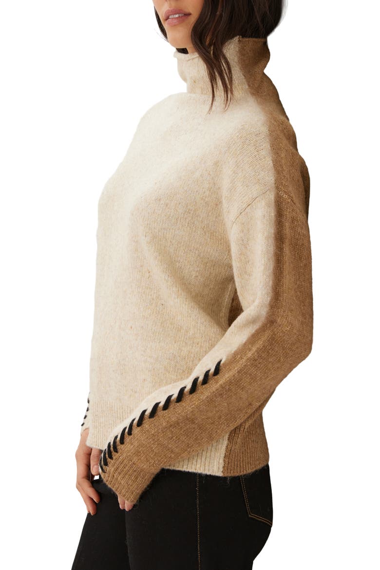 Contrast Stitch Turtleneck Sweater, Alternate, color, OATMEAL/ CAMEL