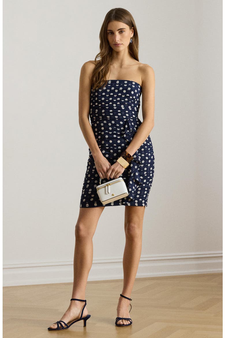 Ruched Polka Dot Strapless Cocktail Dress, Alternate, color, NAVY BLUE/ CREAM