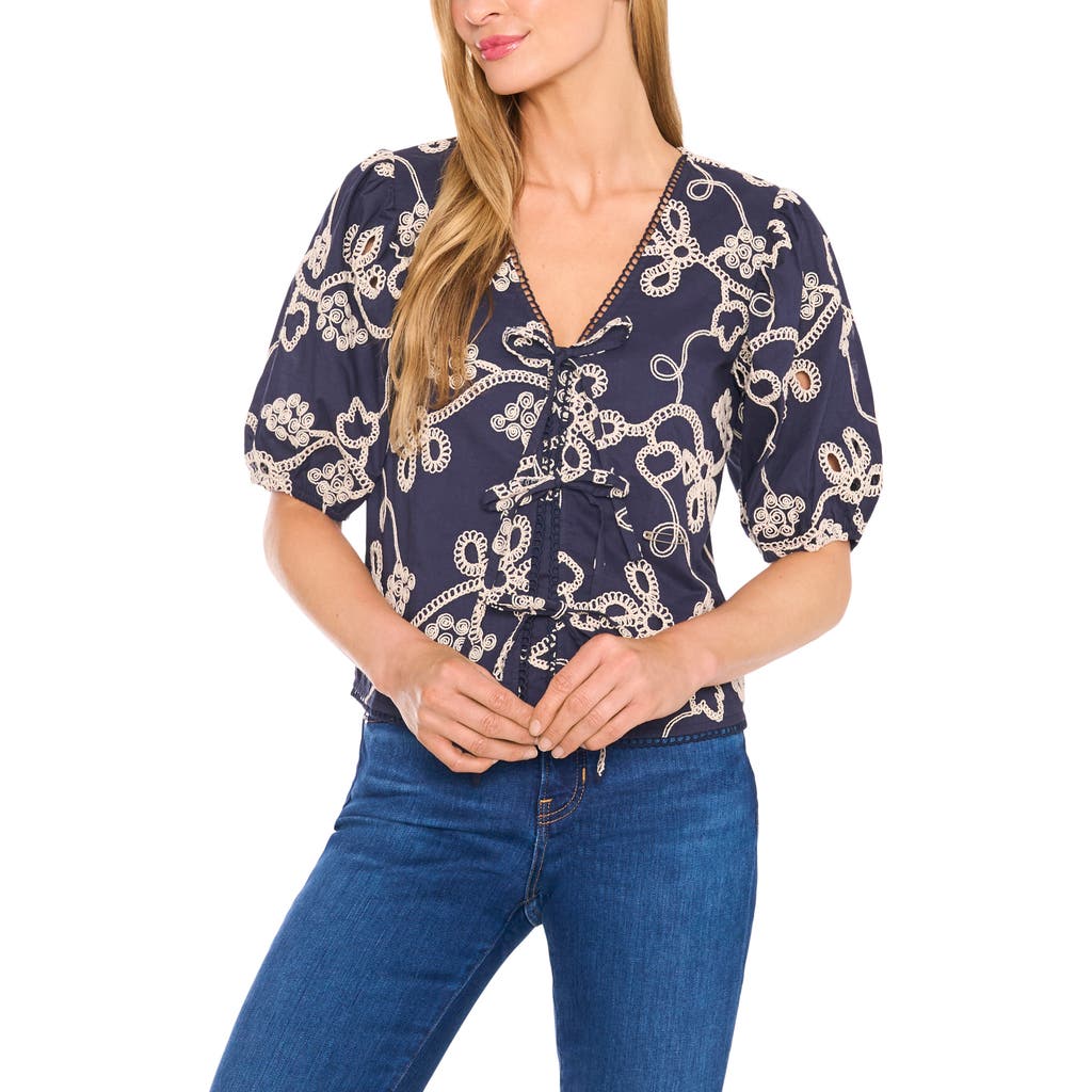 Cece Embroidered Puff Sleeve Cotton Top In Blue