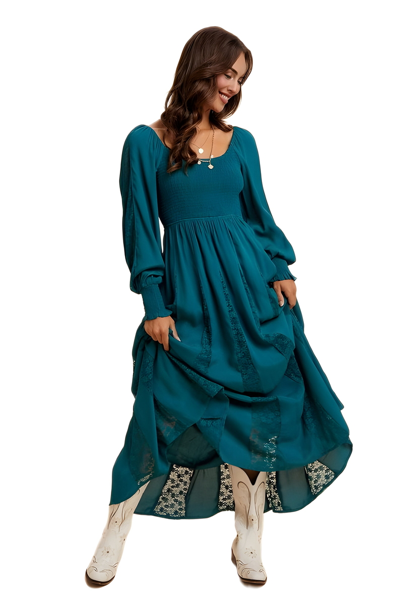 Knit and Lounge Long Sleeve Maxi Dress with Smocked Bodice and Lace Insets, Alternate, color, Teal