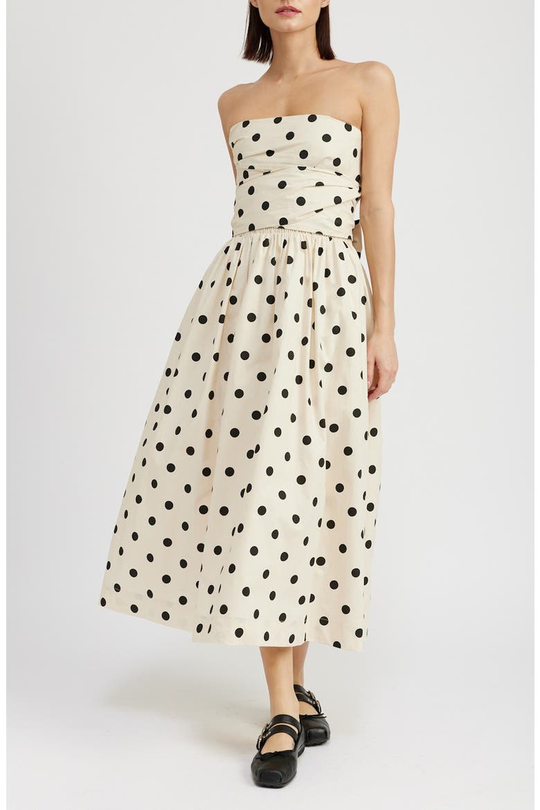Josephine Polka Dot Strapless Cotton Midi Sundress, Alternate, color, NATURAL BLACK