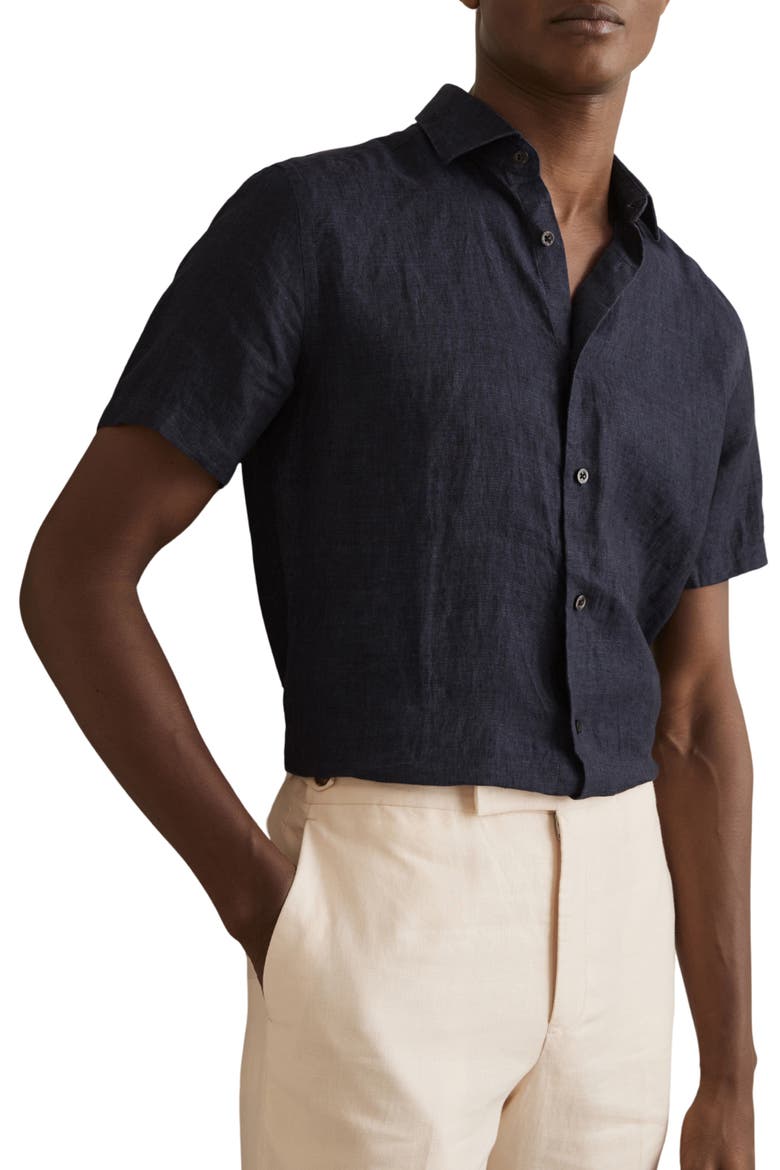 Holiday Short Sleeve Linen Button-Up Shirt, Alternate, color, NAVY