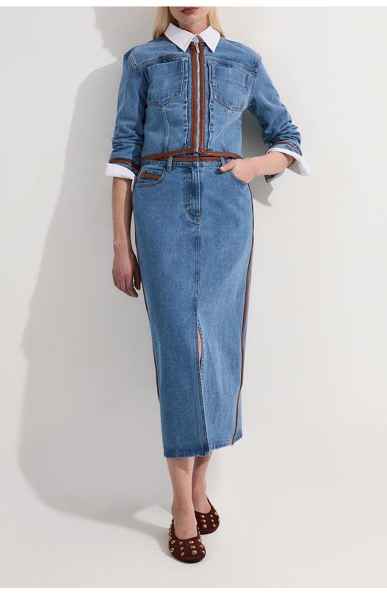 Karen Millen Denim & Leather Collarless Jacket, Alternate, color, Light Blue