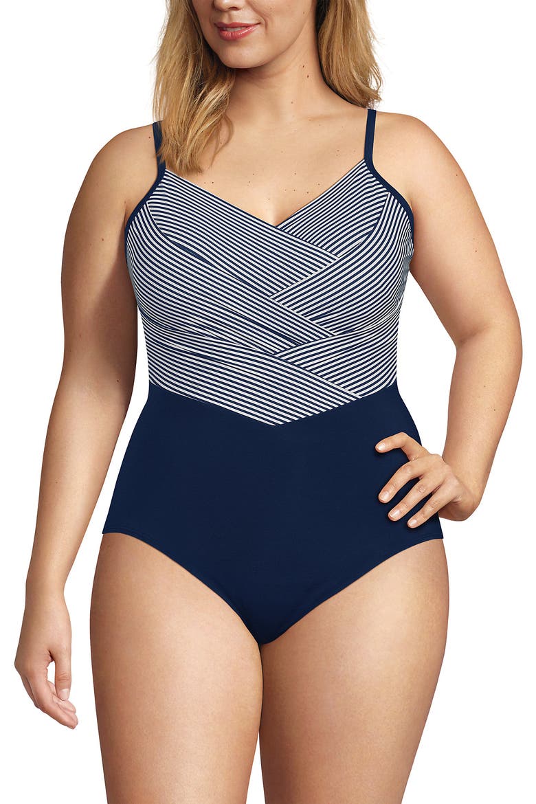Plus Size Slender Suit Pleated Low Leg One Piece Swimsuit, Alternate, color, Deep Sea Navy Mini Stripe