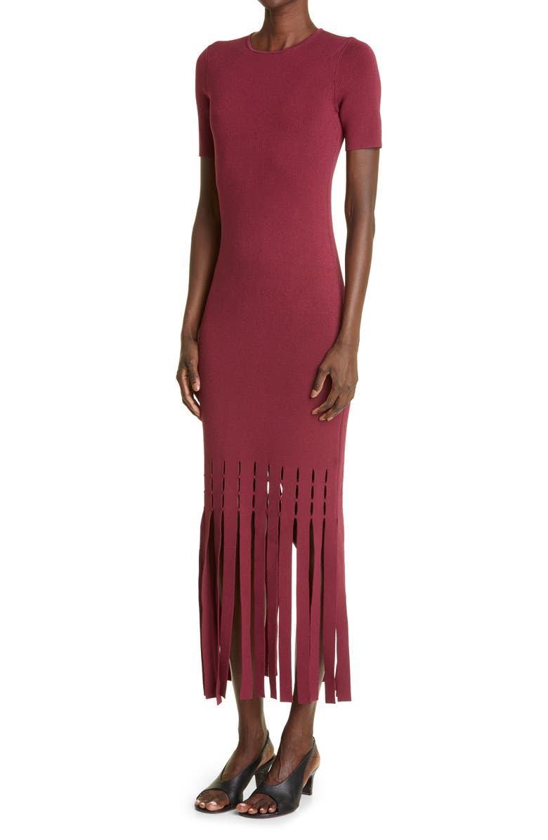 ST. JOHN Eyelet Fringe Panel Short Sleeve Knit Dress, Alternate, color,