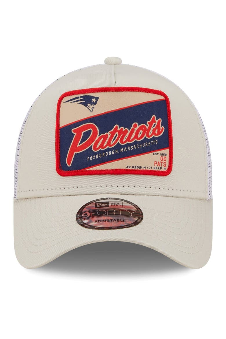Men's New Era Khaki/White New England Patriots Happy Camper A-Frame Trucker 9FORTY Snapback Hat, Alternate, color, Khaki