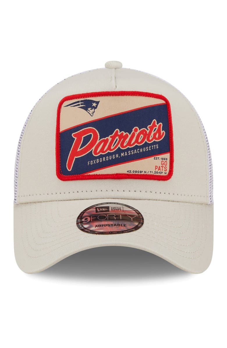 New Era Men's New Era Khaki/White New England Patriots Happy Camper A-Frame Trucker 9FORTY Snapback Hat, Alternate, color, 