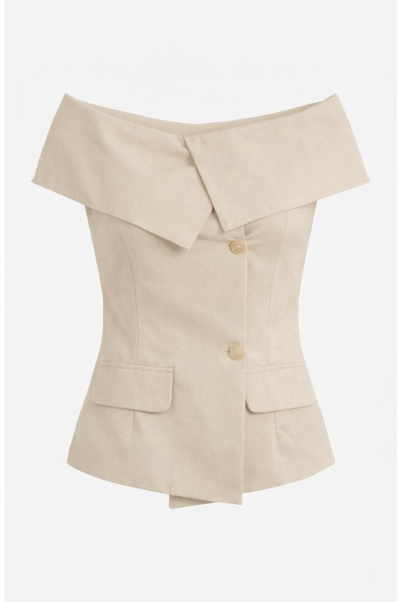 Off Shoulder Tailored Top with Foldover Collar and Button Front, Alternate, color, Beige