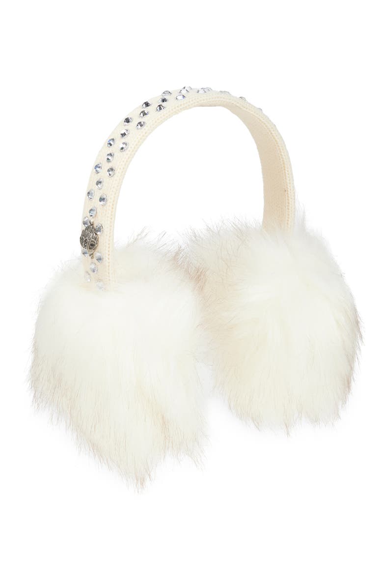 Kurt Geiger London Rhinestone Faux Fur Earmuffs, Main, color, Bone Crystal Silver
