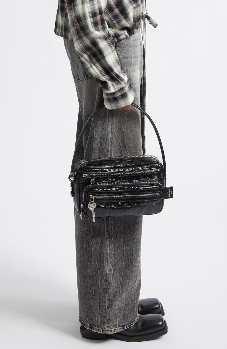 Acne Studios Camero Party Croc Embossed Leather Shoulder Bag, Alternate, color, Black