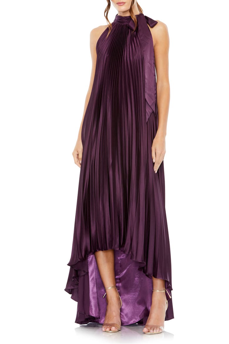 Pleated Halter Neck High Low Gown, Main, color, PLUM