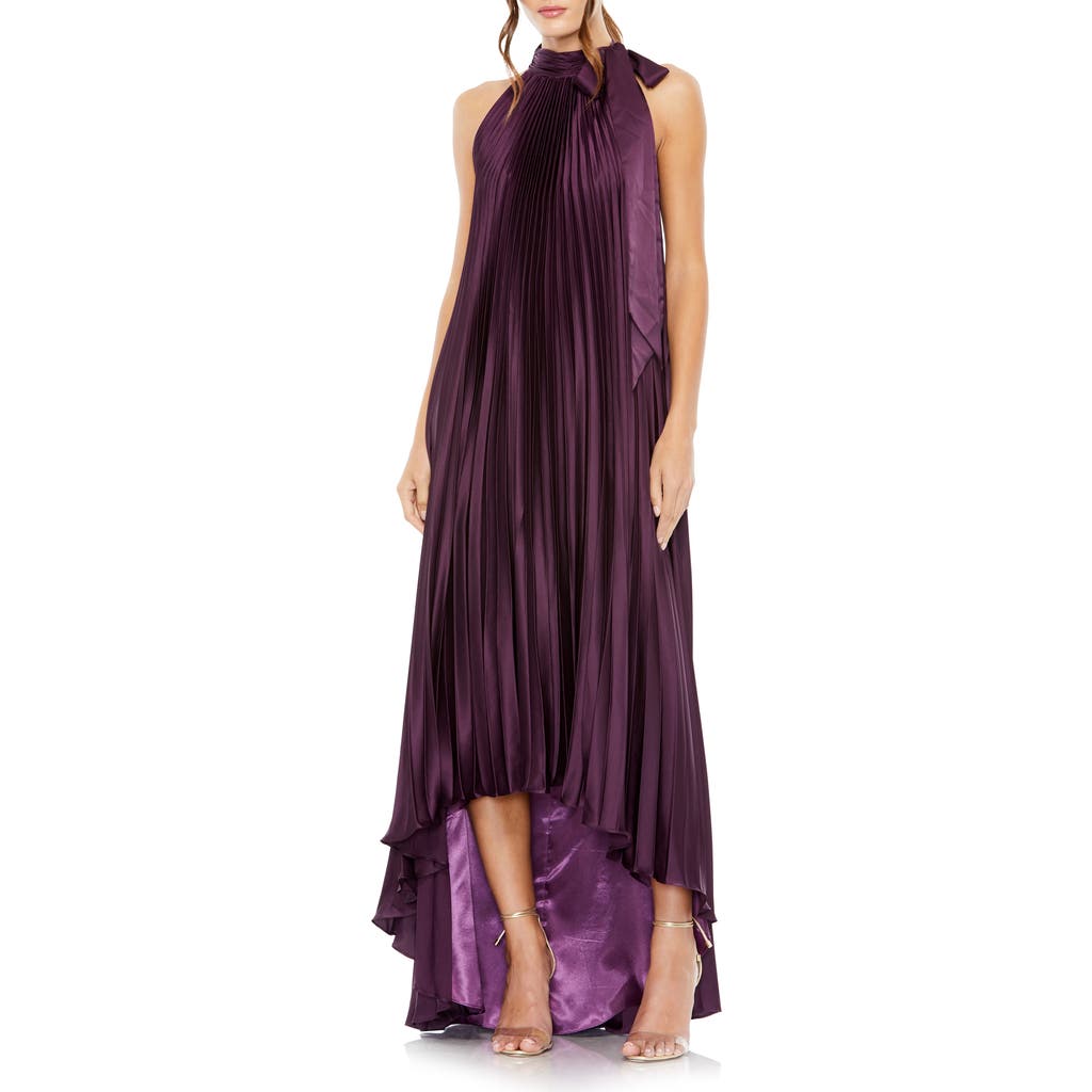 Ieena for Mac Duggal Pleated Halter Neck High Low Gown in Plum at Nordstrom, Size 18
