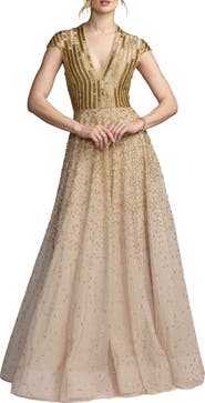 Mac Duggal V-Neck Beaded Tulle A-Line Gown