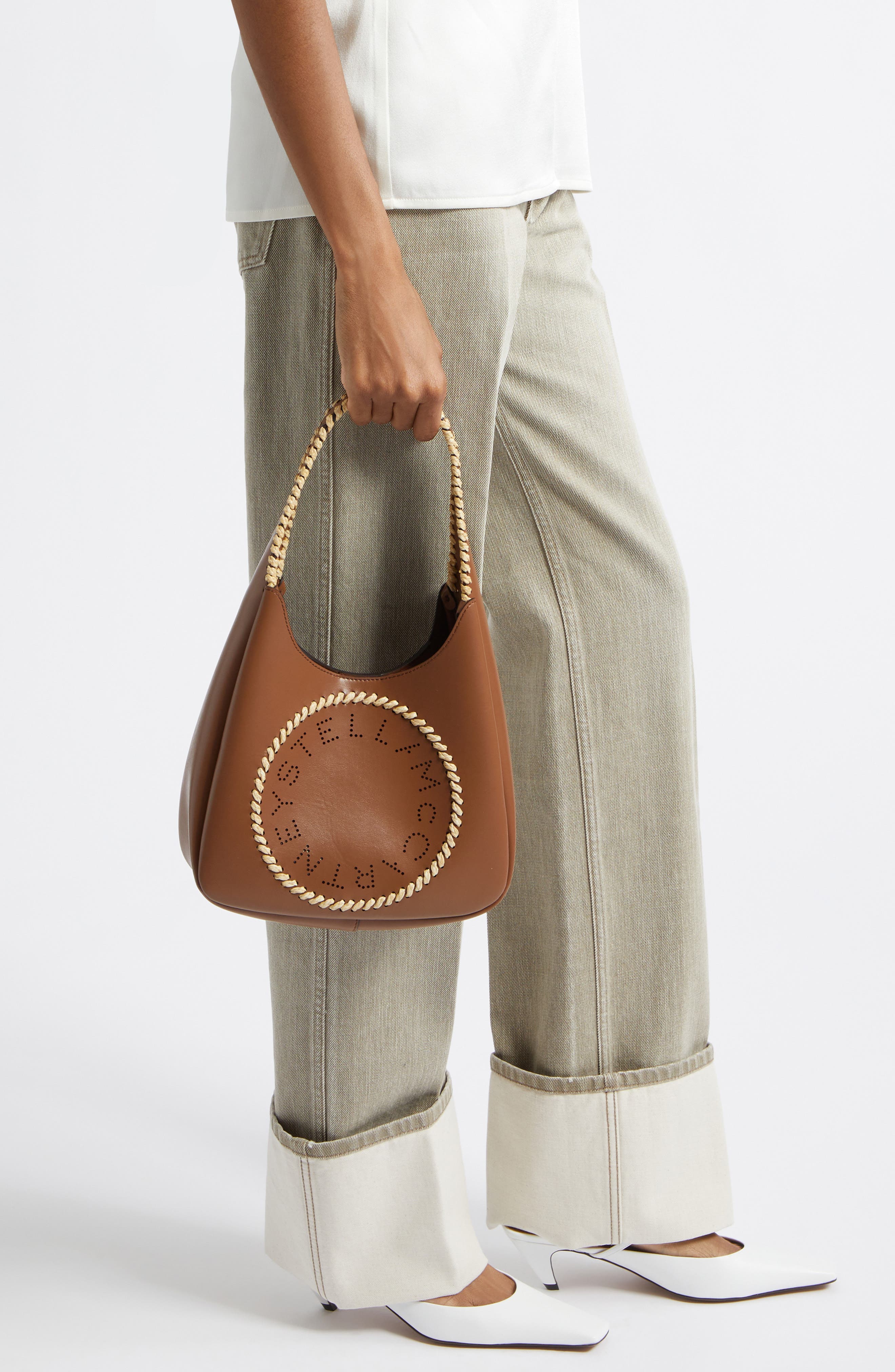 Stella McCartney Small Raffia Trim Hobo Bag, Alternate, color, Tan