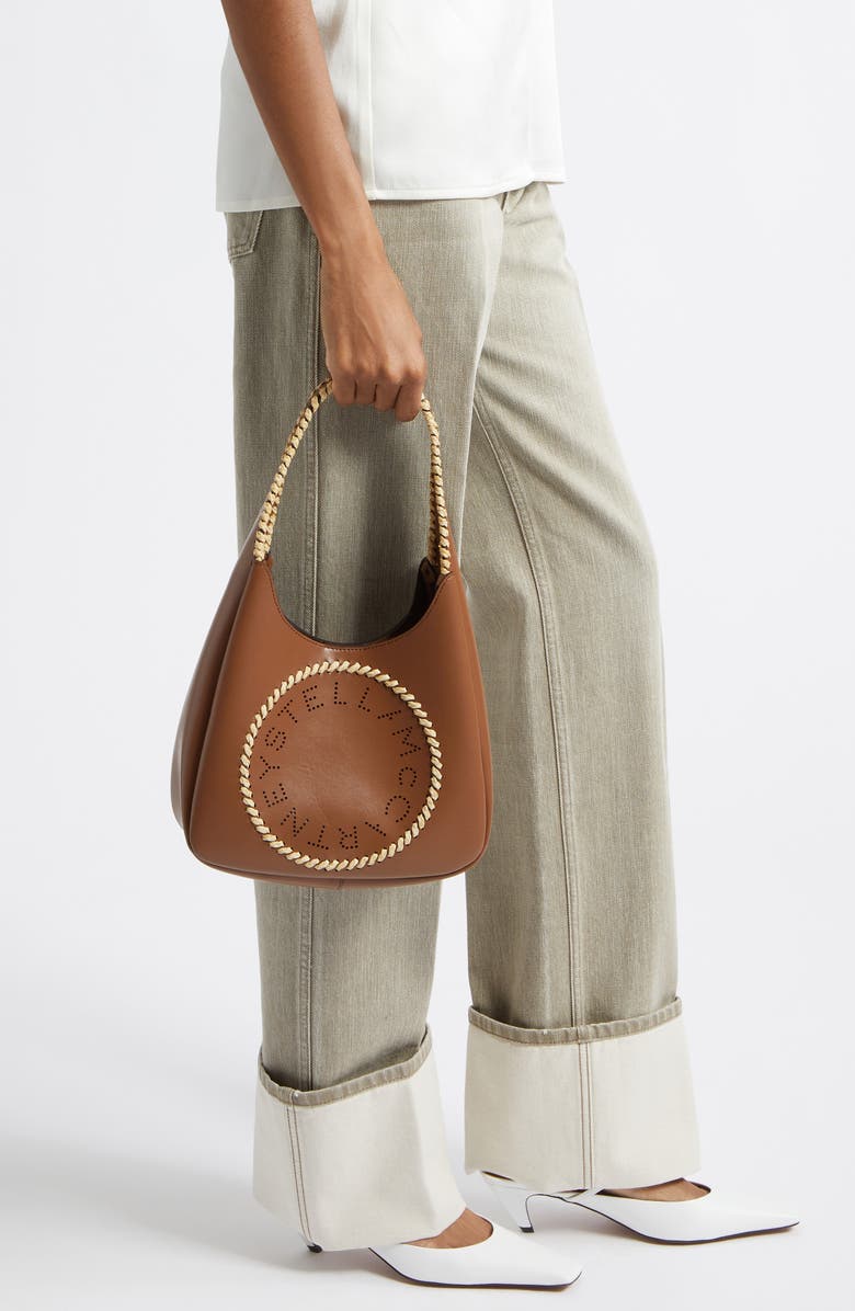Stella McCartney Small Raffia Trim Hobo Bag, Alternate, color, Tan