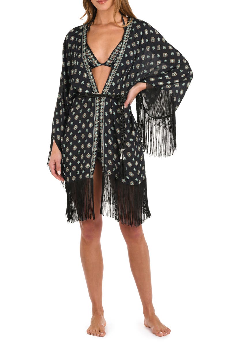 L'AGENCE Caterina Southwestern Fringe Cover-Up, Main, color, Black