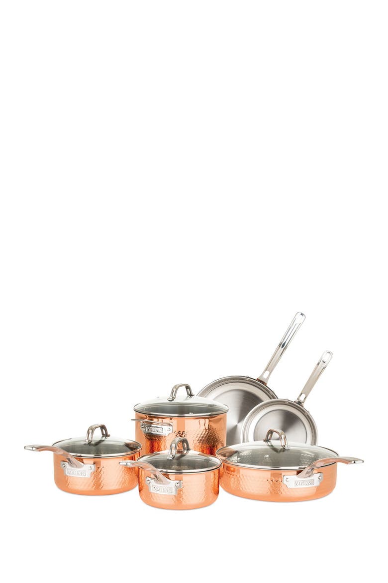 Copper Clad 3-Ply Hammered 10-Piece Cookware Set, Main, color, COPPER