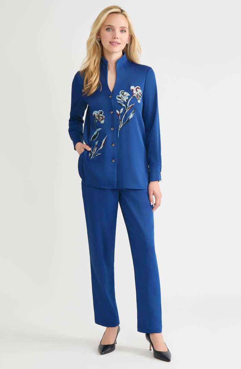 Misook Embroidered Crêpe de Chine Shirt, Alternate, color, Lazuli Blue/Sngra/Prl Gry/Blck
