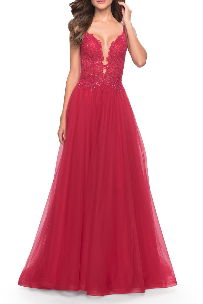 Tulle A-Line Gown with Lace Rhinestone Bodice, Main, color, Red