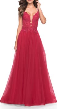 La Femme Tulle A-Line Gown with Lace Rhinestone Bodice