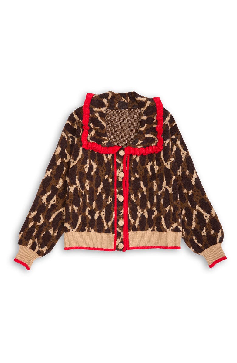 SAACHI Ruffle Collar Leopard Cardigan, Main, color, Brown