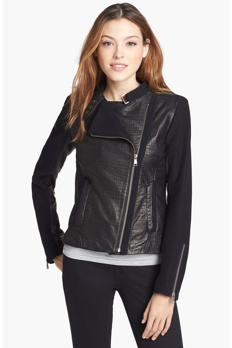 'Emmy' Leather & Wool Blend Jacket, Main, color, BLACK