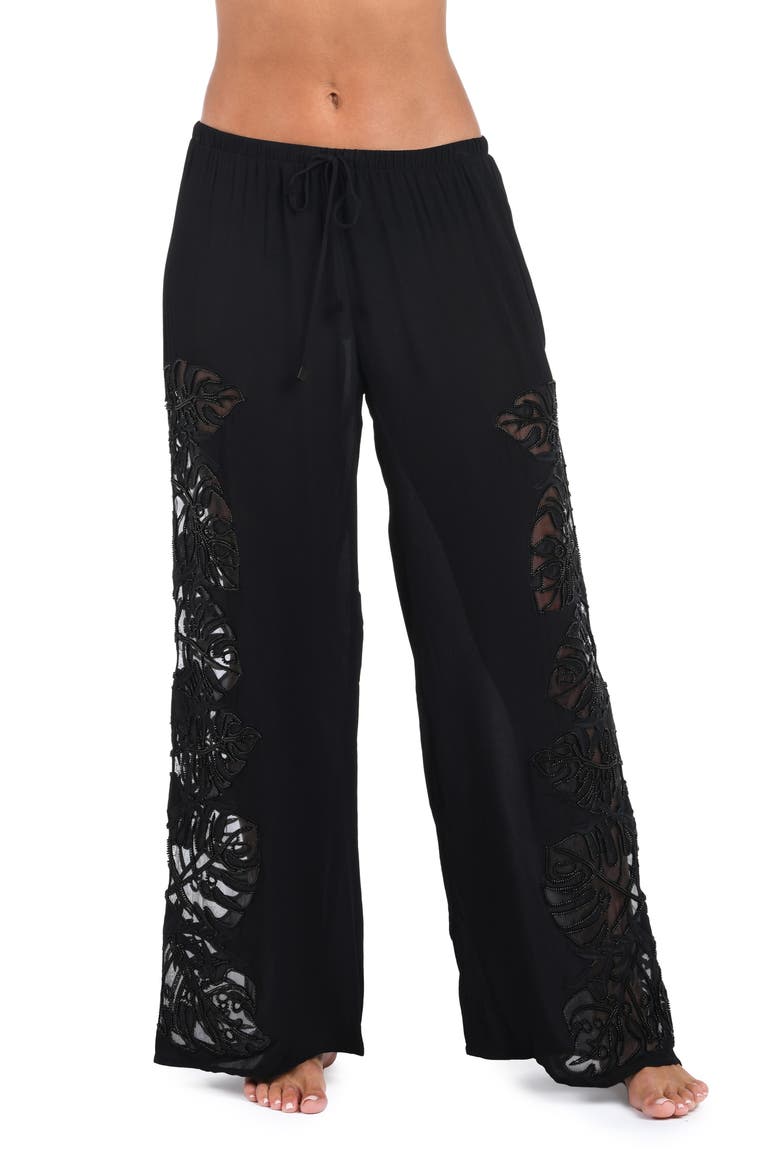 Geraldine Monstera Cover-Up Wide Leg Pants, Main, color, BLACK
