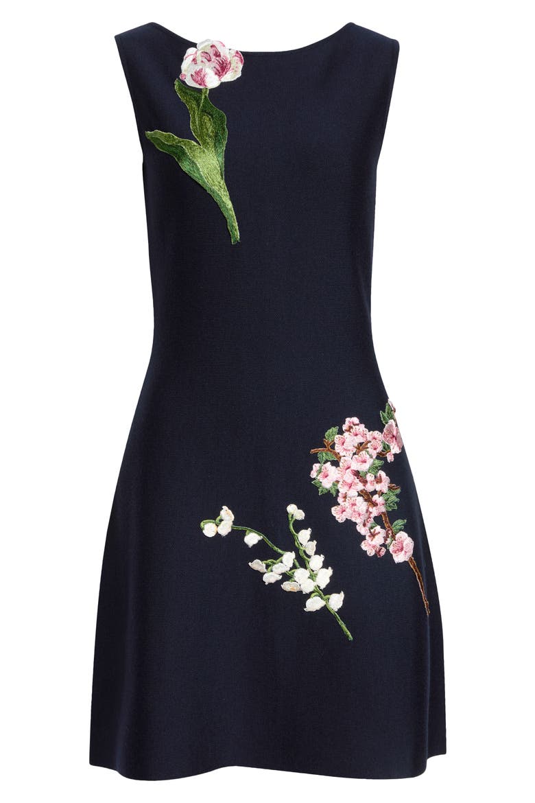 Mixed Botanical Embroidered Wool Knit Dress, Main, color, NAVY